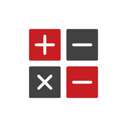 Vier Quadrate, welche mit Rechenzeichen versehen sind (2x Minus, 1x Plus, 1x Mal).